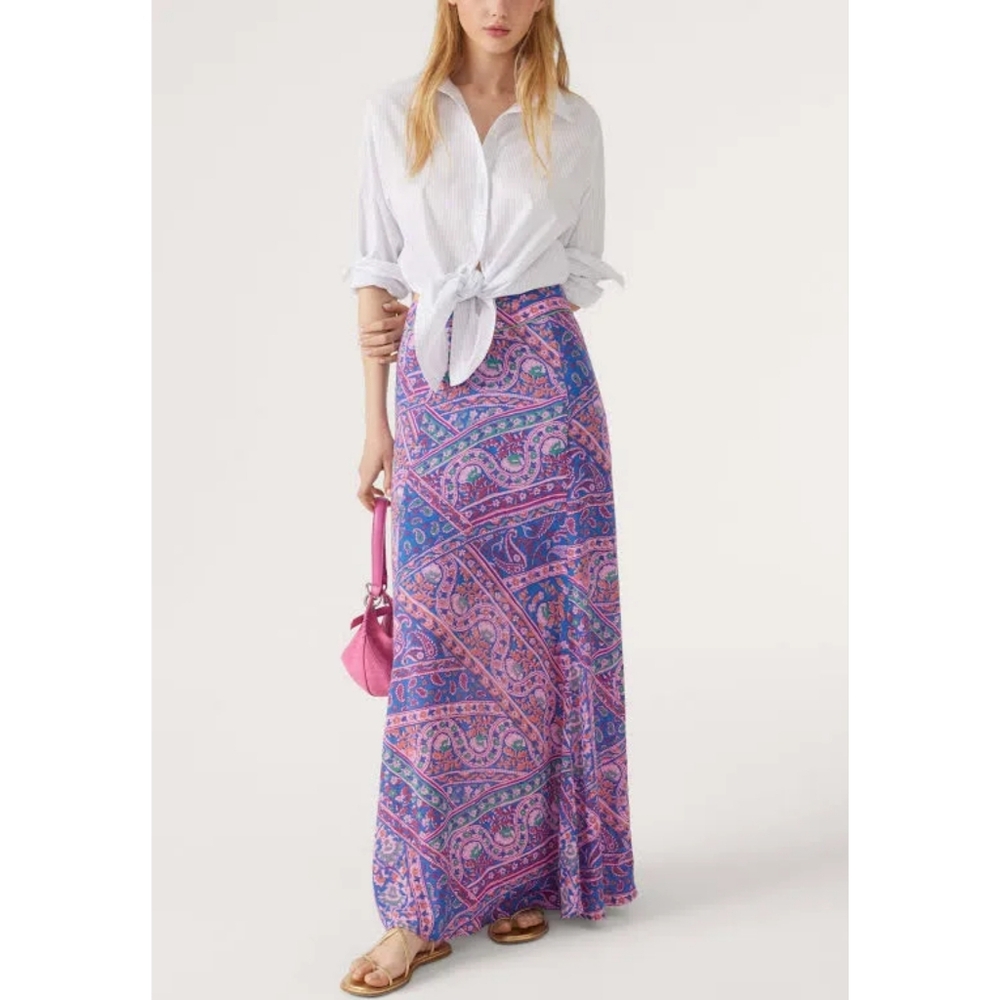 ba&sh Blossom Fanessa Maxi Skirt Blue & Pink Batik Floral Print Size 1 Small - Picture 4 of 16